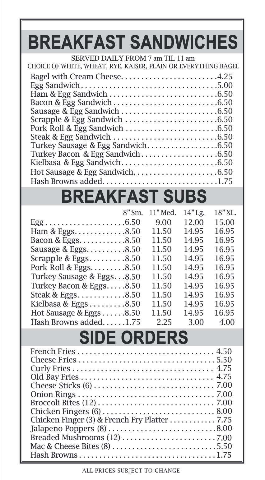 Breakfast Sandwiches, Breakfast Subs and Side Orders