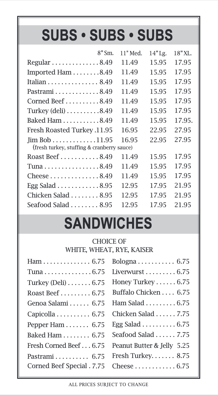 Subs and Sandwiches Menu