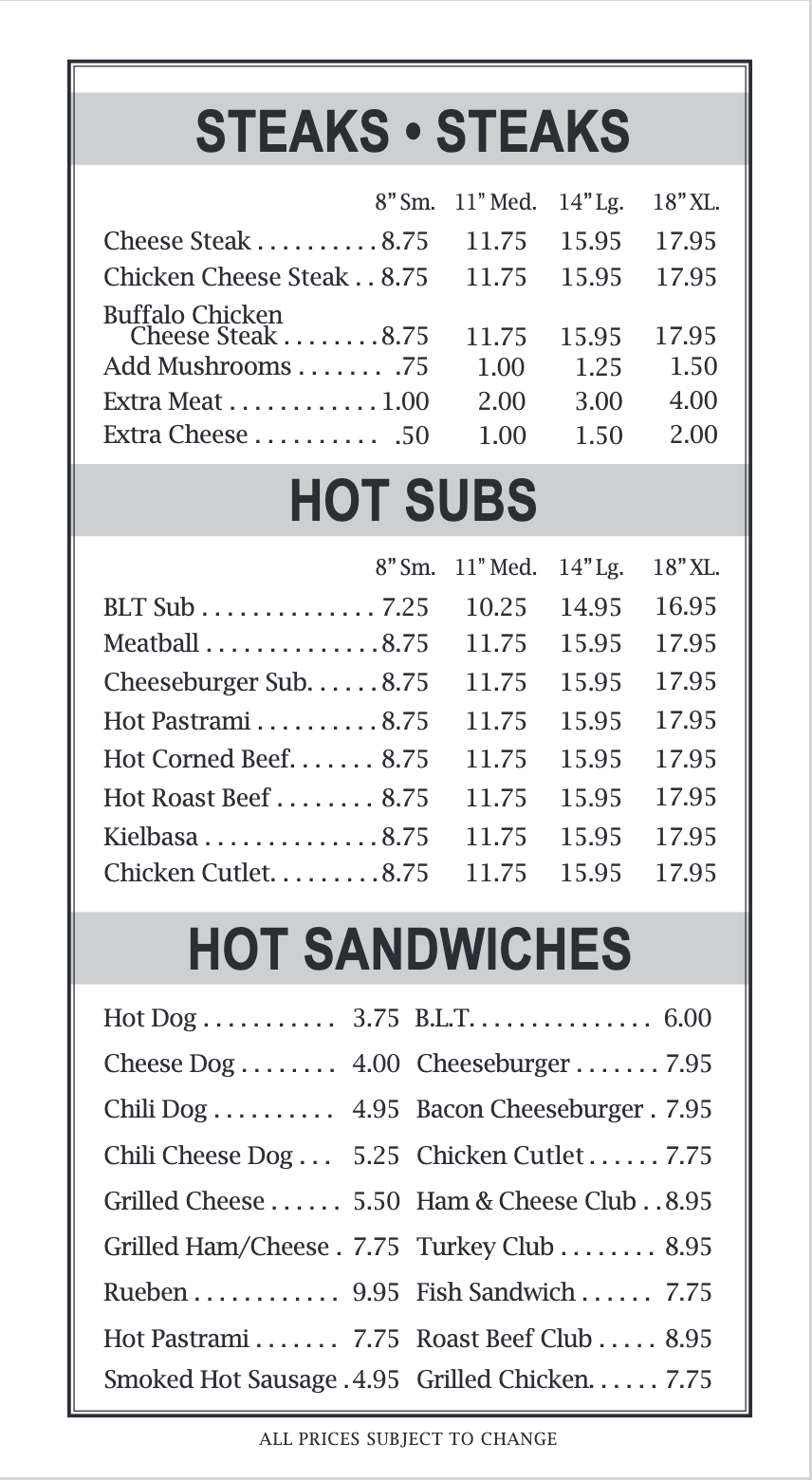 Steaks, Hot Subs and Hot Sandwiches Menu