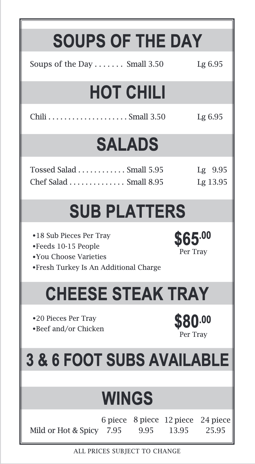 Soup, Chili, Salads, Sub Platters, Cheese Steak Tray, 3 & 6 foot subs and Wings Menus